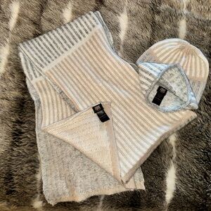 FRYE scarf hat beanie heather grey tan camel block stripe